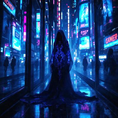 The primary subject of the image is a person dressed in a long, flowing gown, standing in a city street at night. The setting is a cityscape with tall buildings and neon lights, creating a vibrant and lively atmosphere. The visual style of the image is a combination of photo and digital art, giving it a unique and artistic appearance. The colors and mood of the image are predominantly dark and mysterious, with the gown and the cityscape creating a sense of intrigue and en